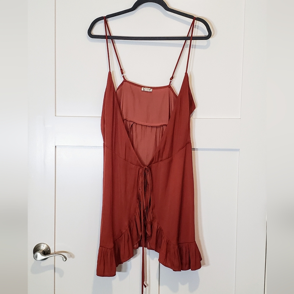 Free People Intimately All My Love Shine Wrap Mini Slip Dress Rust Satin S/M